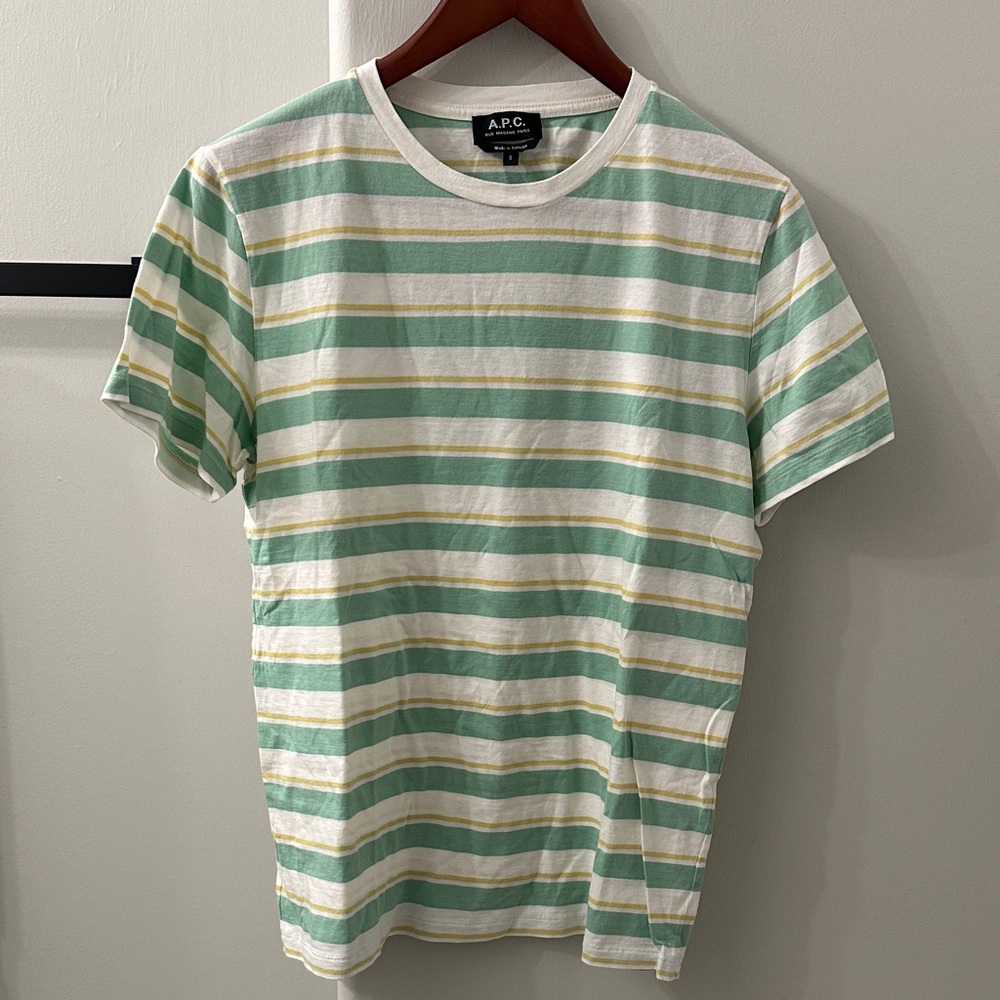 A.P.C. Men's Mint Green and White Striped Tee
